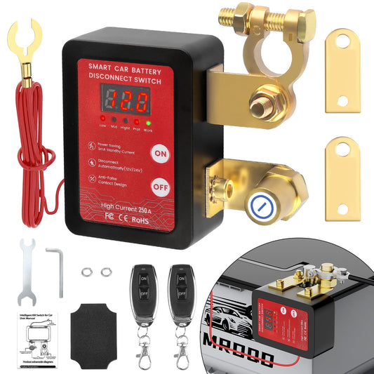 250A 12V Remote Battery Disconnect Switch with Voltage Display Fits 12V vehicles under 4.0L. Smart voltage protection, remote battery cut off switch top post vertical/flat installation