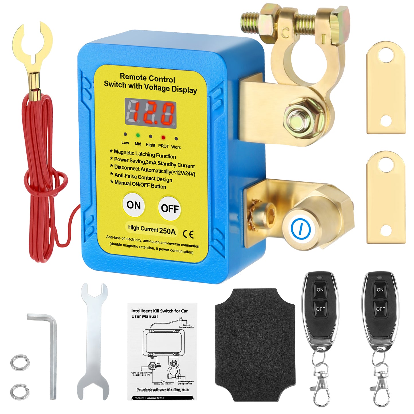 250A 12V Remote Battery Disconnect Switch with Voltage Display Fits 12V vehicles under 4.0L. Smart voltage protection, remote battery cut off switch top post vertical/flat installation