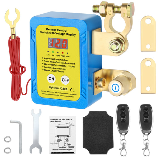 250A 12V Remote Battery Disconnect Switch with Voltage Display Fits 12V vehicles under 4.0L. Smart voltage protection, remote battery cut off switch top post vertical/flat installation