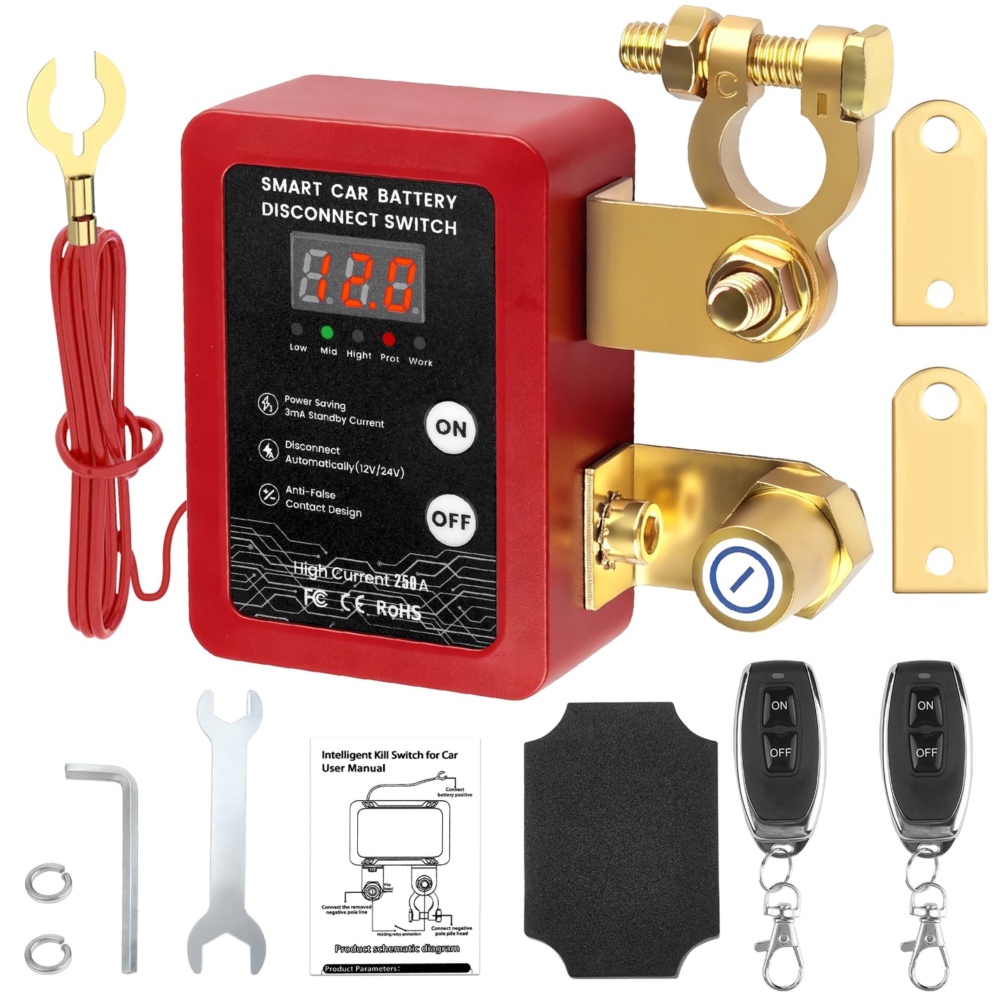 250A 12V Remote Battery Disconnect Switch with Voltage Display Fits 12V vehicles under 4.0L. Smart voltage protection, remote battery cut off switch top post vertical/flat installation